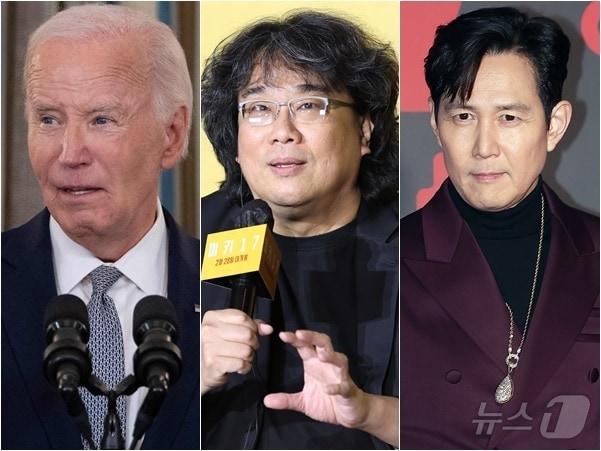 본문 이미지 - 왼쪽부터 조 바이든 미국 前 대통령&#40;AFP=뉴스1&#41;, 봉준호 감독, 이정재 / 뉴스1 DB