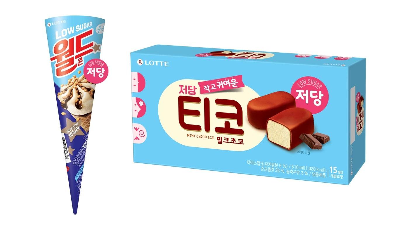 롯데웰푸드 월드콘 바닐라 저당·티코 밀크초코 저당 제품(롯데웰푸드 제공).