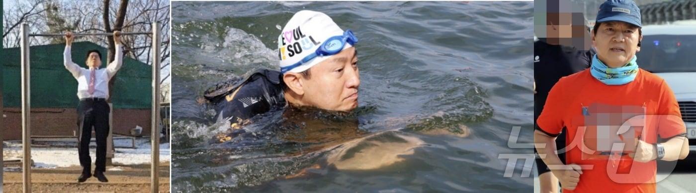 턱거리를 하고 있는 김문수 고용노동부 장관, 철인3종 중 하나인 수영 중인 오세훈 서울시장, 마라톤 전도사 안철수 국민의힘 의원이 달리는 모습. (SNS 갈무리) ⓒ 뉴스1 DB