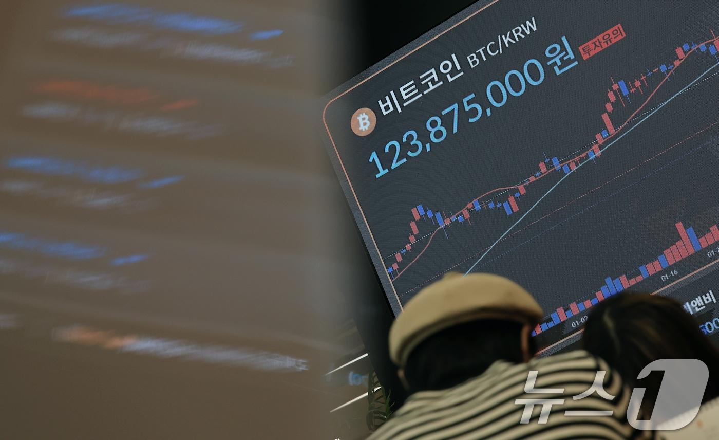 10일 서울 서초구 빗썸라운지 전광판에 비트코인 등 가상자산 시세가 표시되고 있다. 2025.3.10/뉴스1 ⓒ News1 박정호 기자