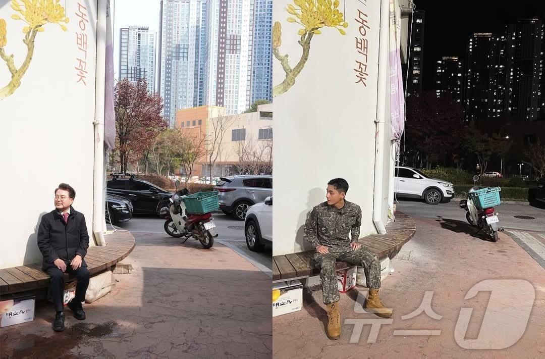 본문 이미지 - 춘천 풍물시장 내 경춘선 철도교각을 찾은 BTS 뷔와 감사의 뜻을 전한 육동한 춘천시장.(춘천시 제공, 재판매 및 DB금지)