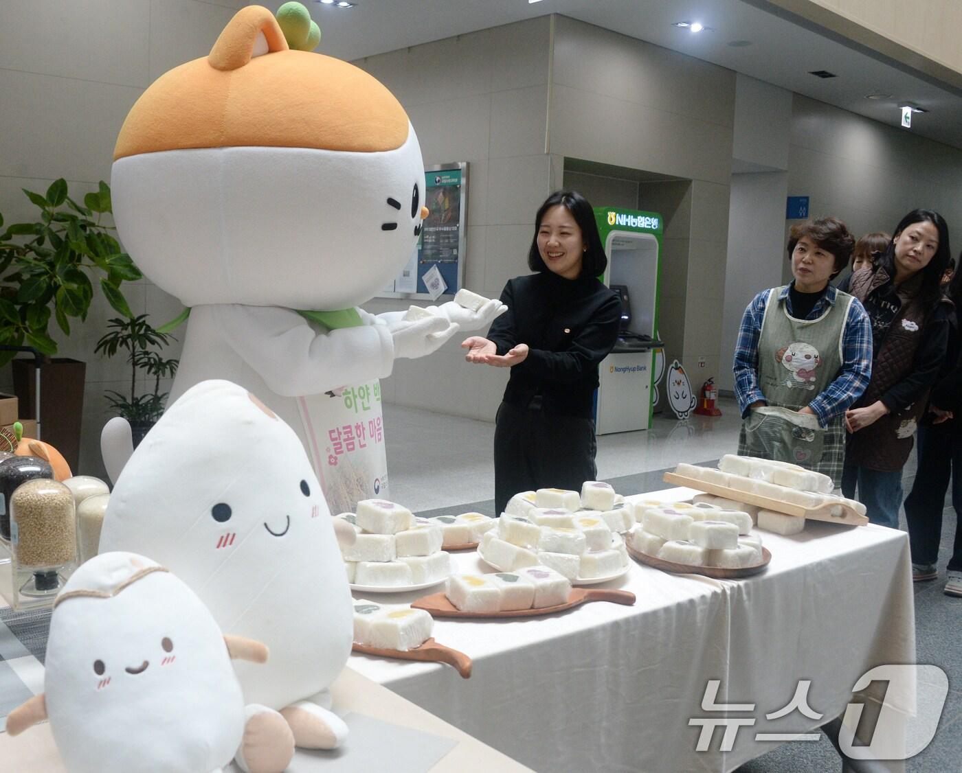 본문 이미지 - 12일 전북자치도 완주군 농촌진흥청 국립식량과학원에서 관계자들이 우리 쌀 소비 촉진 일환으로 화이트데이 사탕 대신 쌀로 만든 백설기 나눔 행사를 열고 백설기를 선보이고 있다. 2025.3.12/뉴스1 ⓒ News1 유경석 기자