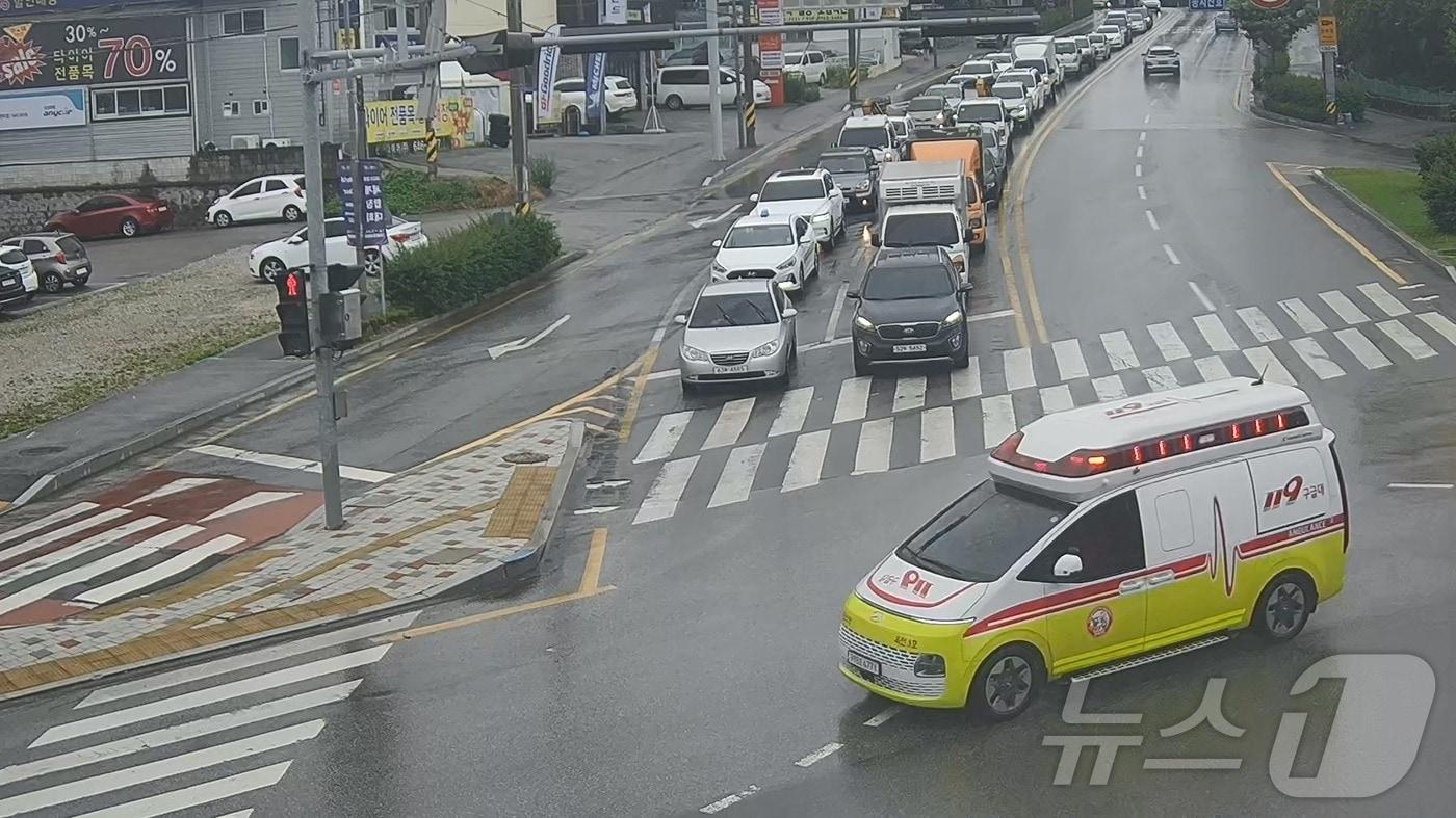 본문 이미지 - 강릉시 긴급차량 우선신호 시스템에 의해 멈춘 신호.(강릉시 제공, 재판매 및 DB 금지) 2025.3.12/뉴스1