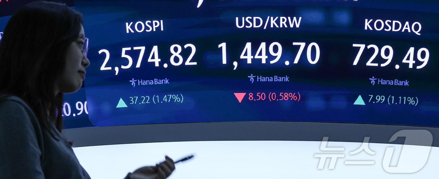 12일 오후 서울 중구 하나은행 본점 딜링룸 전광판에 증시가 표시되고 있다. 2025.3.12/뉴스1 ⓒ News1 김도우 기자