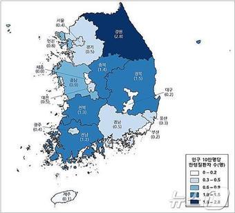 본문 이미지 - 인구 10만명 당 한랭질환자 수.(질병관리청 제공. 재판매 및 DB금지)/뉴스1