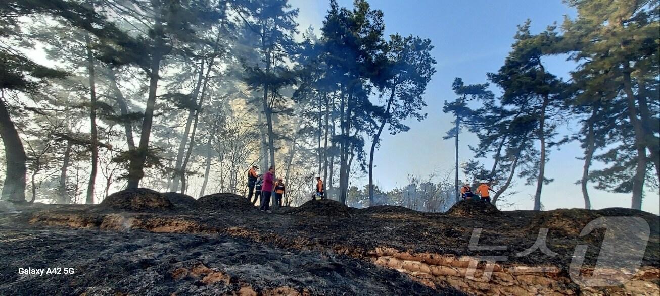 본문 이미지 - 14일 오후 4시 3분께 전북자치도 김제시 백구면 한 과수원 인근 임야에서 불이 났다.(전북소방 제공. 재판매 및 DB금지)
