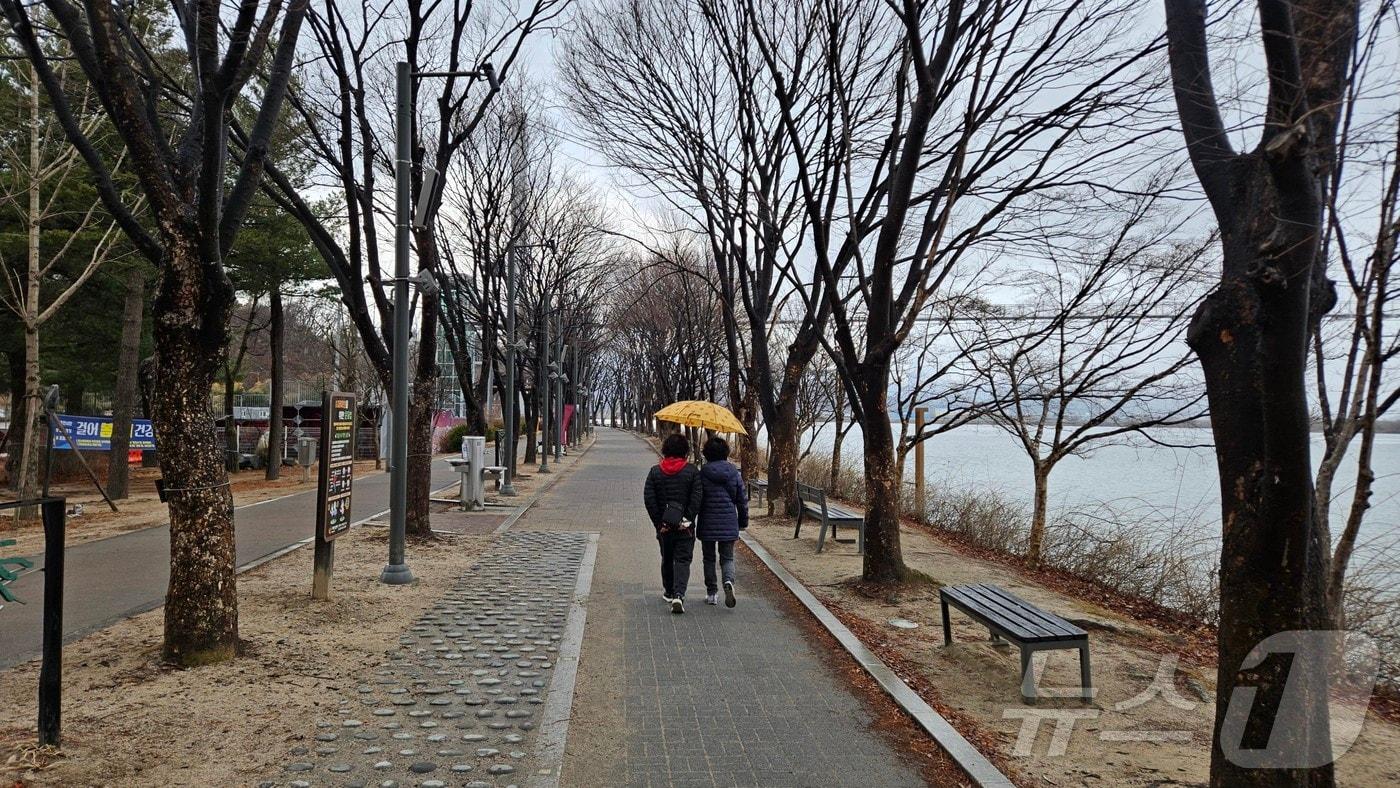 본문 이미지 - 16일 오후 강원 춘천 의암공원에서 시민들이 우산을 쓴 채 산책을 하고 있다.2025.3.16 한귀섭 기자