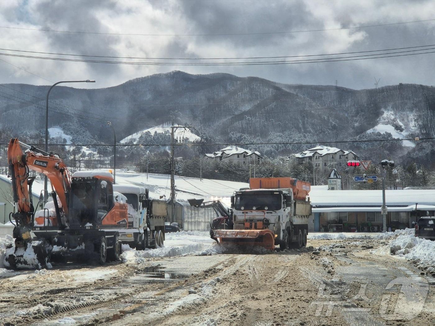 본문 이미지 - 강원 동해안과 산지를 중심으로 많은 눈이 내린 17일 평창군 대관령면 일대에서 제설차량이 눈을 치우느라 분주한 모습이다. 2025.3.17/뉴스1 ⓒ News1 윤왕근 기자