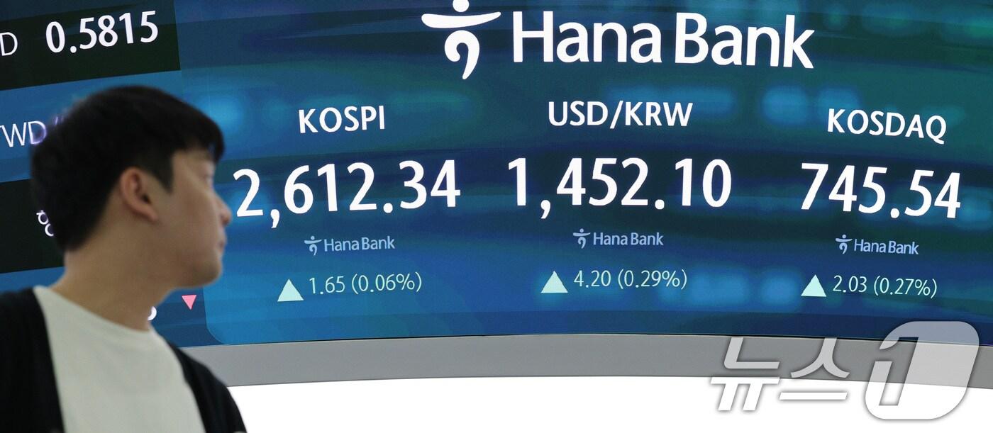 본문 이미지 - 코스피가 거래 장중 7분간 멈춘 18일 오후 서울 중구 하나은행 본점 딜링룸 전광판에 코스피 지수가 표시되고 있다. 2025.3.18/뉴스1 ⓒ News1 신웅수 기자
