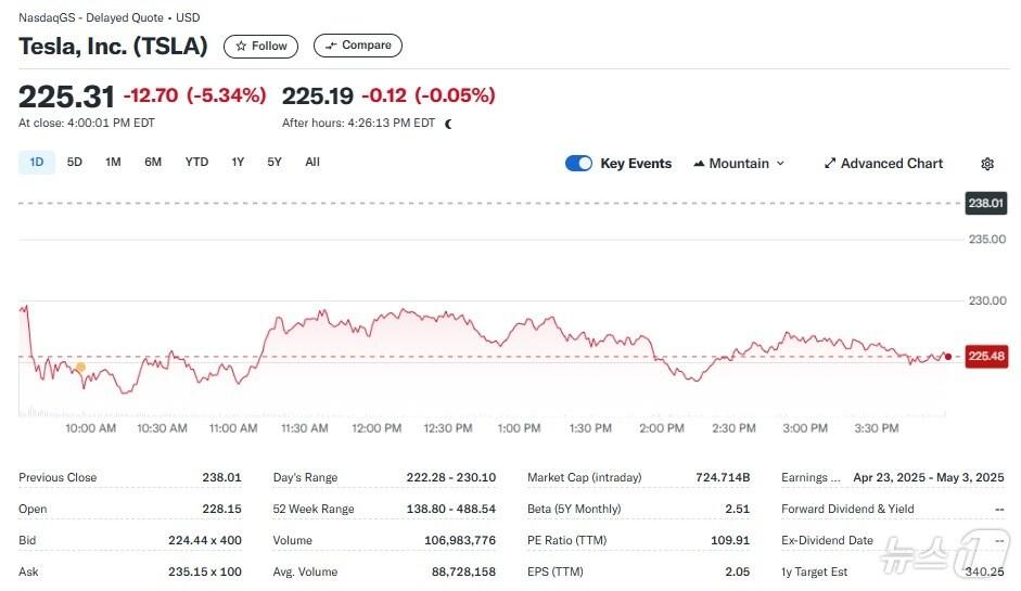 본문 이미지 - 테슬라 일일 주가추이 - 야후 파이낸스 갈무리