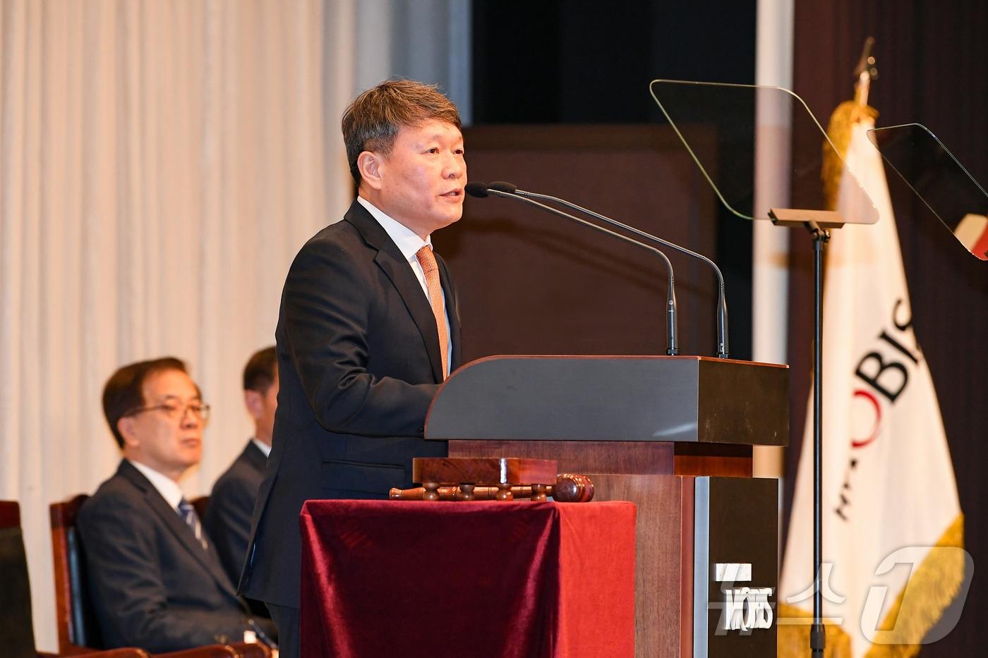 이규석 현대모비스 사장이 19일 서울 강남구 GS타워에서 열린 제 48기 정기 주주총회에서 발언을 하고 있다. (현대모비스 제공)