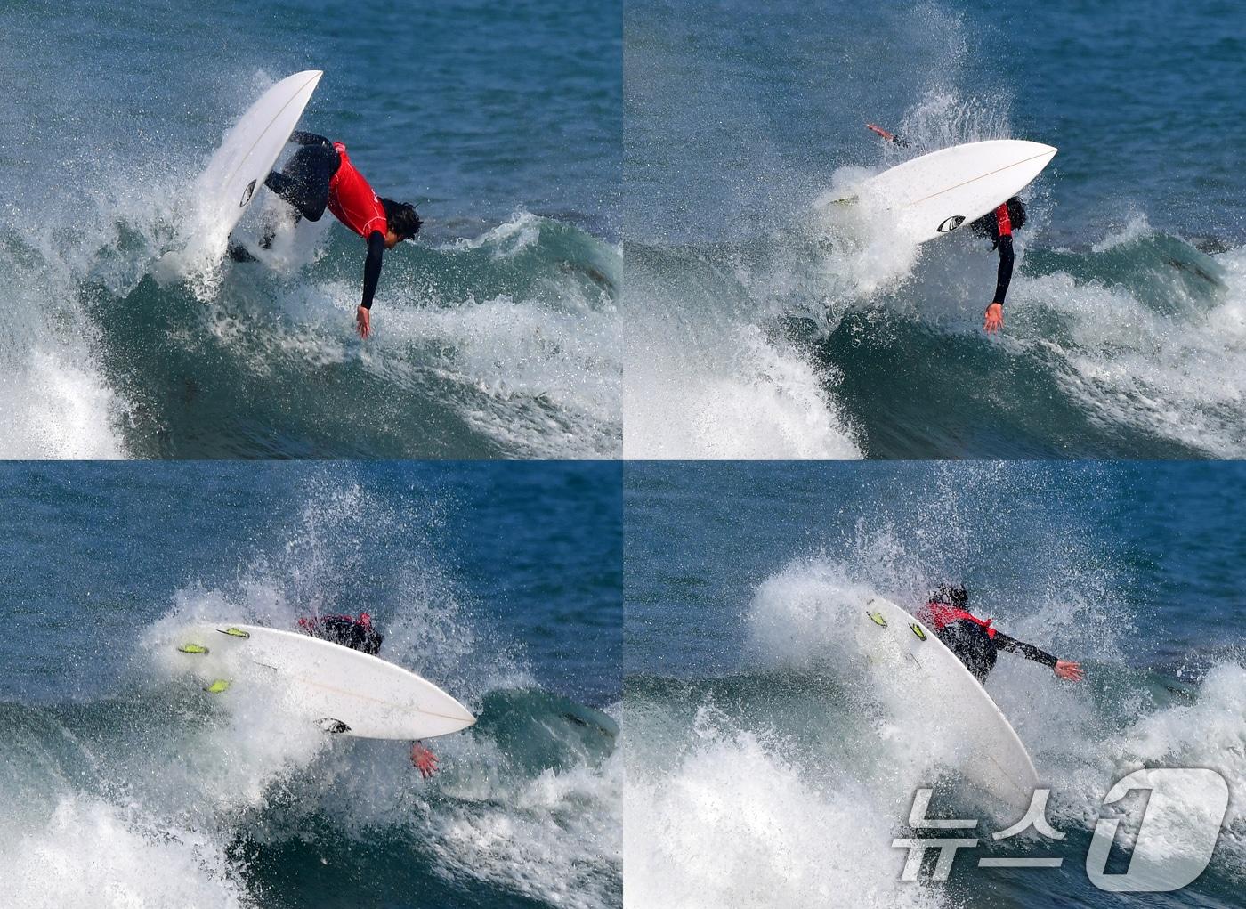 본문 이미지 - 19일 경북 포항시 북구 흥해읍 용한리 해변에서 열린 제7회 포항 메이어스컵 서핑챔피언십 대회에서 남자부 숏보드 결승 경기에 출전한 선수가 최고 난이도에 속하는 에이리얼 기술을 선보이고 있다 에어리얼 기술은 파도 위로 뛰어올라 360도 회전하는 기술이다. 2025.3.19/뉴스1 ⓒ News1 최창호 기자