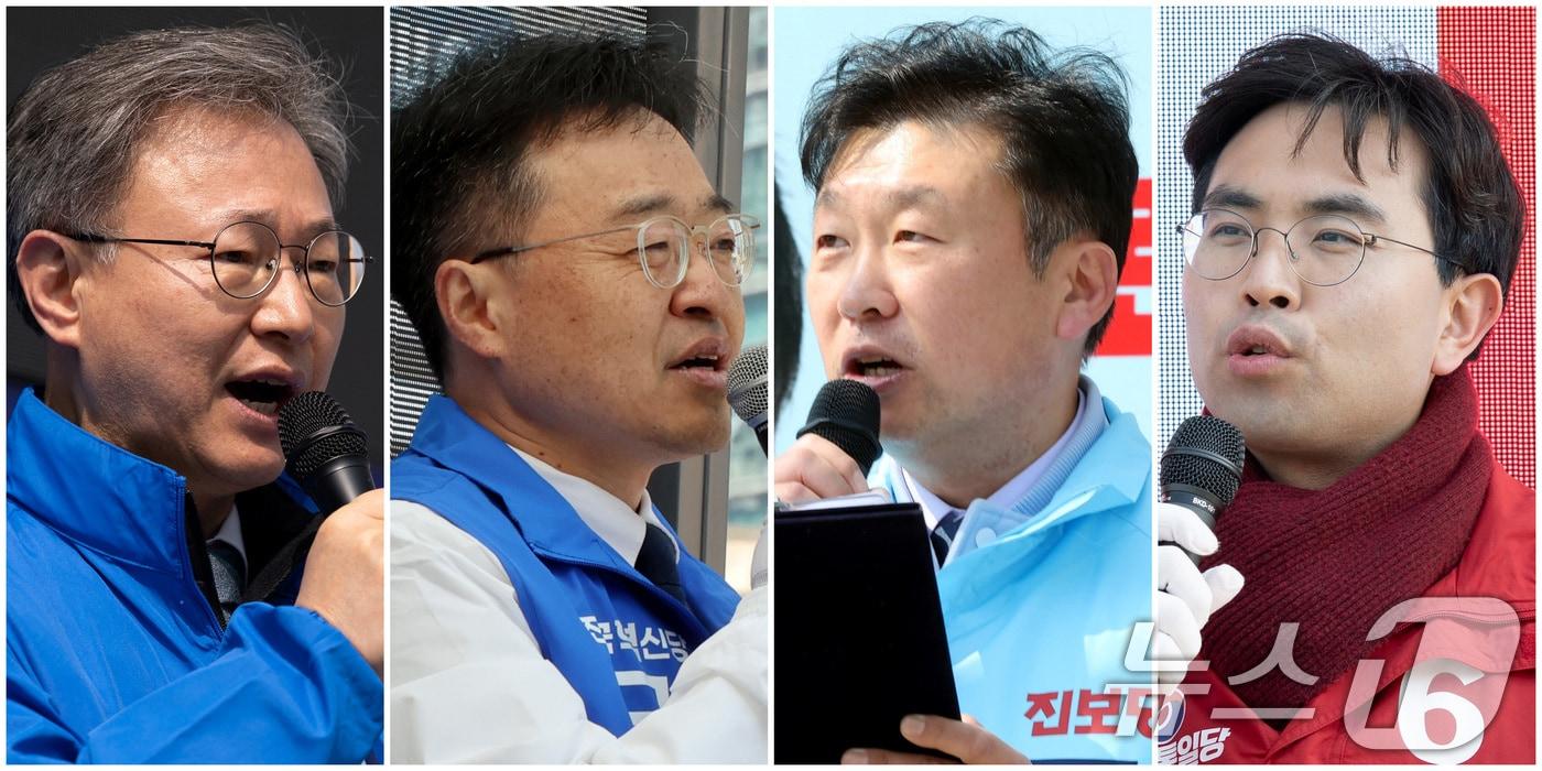 4·2 구로구청장 재보궐선거에 출마하는 장인홍 더불어민주당 후보&#40;왼쪽부터&#41;, 서상범 조국혁신당 후보, 최재희 진보당 후보, 이강산 자유통일당 후보가 20일 서울 구로구 일대에서 각각 지지를 호소하고 있다. 2025.3.20/뉴스1 ⓒ News1 이동해 기자,이승배 기자