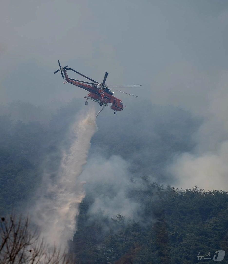 본문 이미지 - 22일 오후 산림청 항공본부 산림항공본부 산불진화 헬기가 경남 산청군 시천면에서 발생한 산불 진화에 나서고 있다. (산림청 제공. 재판매 및 DB 금지) 2025.3.22/뉴스1 