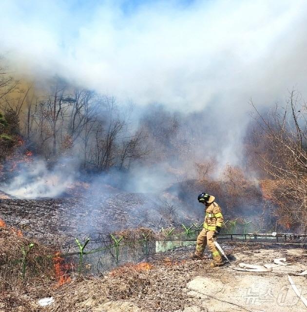 본문 이미지 - 22일 오후 1시 52분께 전북자치도 진안군 안천정수장 뒤편 야산에서 산불이 발생했다.(전북소방본부 제공, 재판매 및 DB 금지)/뉴스1