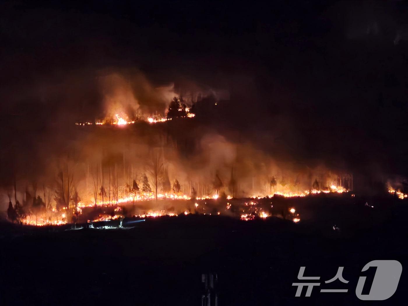 본문 이미지 - 22일 경남 산청 시천면에서 전날 발생한 산불이 밤까지 이어지고 있다. 2025.3.22/뉴스1 ⓒ News1 한송학 기자