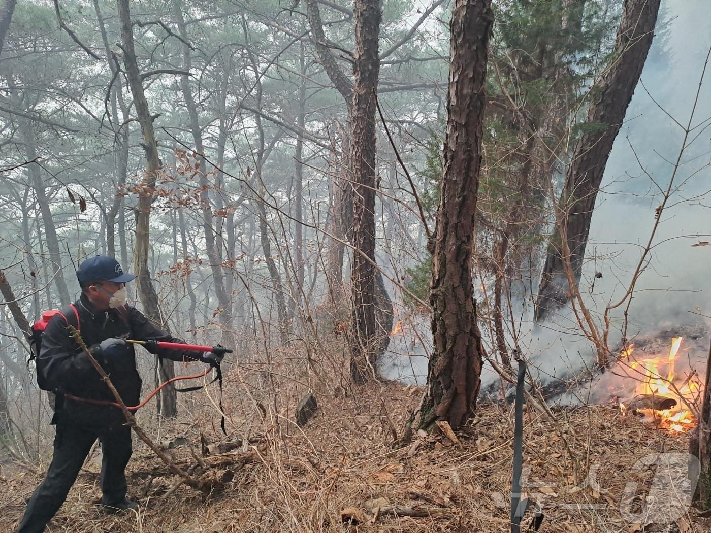 본문 이미지 - 하동군 옥종면에서 22일 발생한 산불을 산불진화대원이 불을 끄고 있다. 2025.3.23/뉴스1 한송학기자.