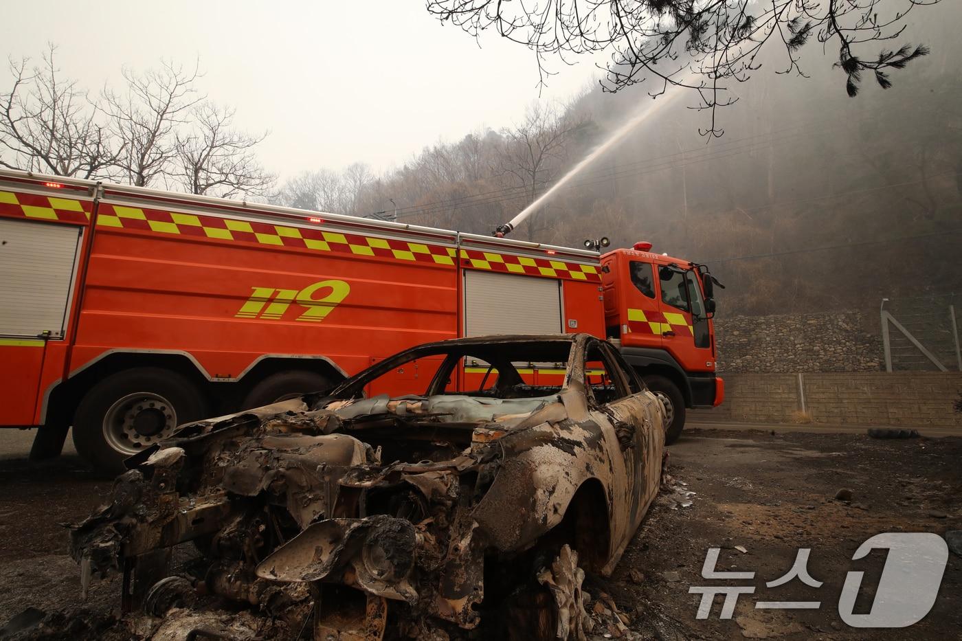 본문 이미지 - 경남 산청 대형 산불이 사흘째로 접어든 23일 오전 산청군 시천면 일대에서 소방이 산불로 인해 전소된 승용차 뒤로 잔불을 정리하고 있다. ⓒ News1 윤일지 기자