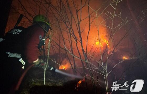 본문 이미지 - 21일 오후 산림청 항공본부 공중진화대원들이 경남 산청군 시천면에서 발생한 산불 확산을 차단하기 위해 밤샘 작업을 하고 있다. (산림청 제공, 재판매 및 DB 금지)