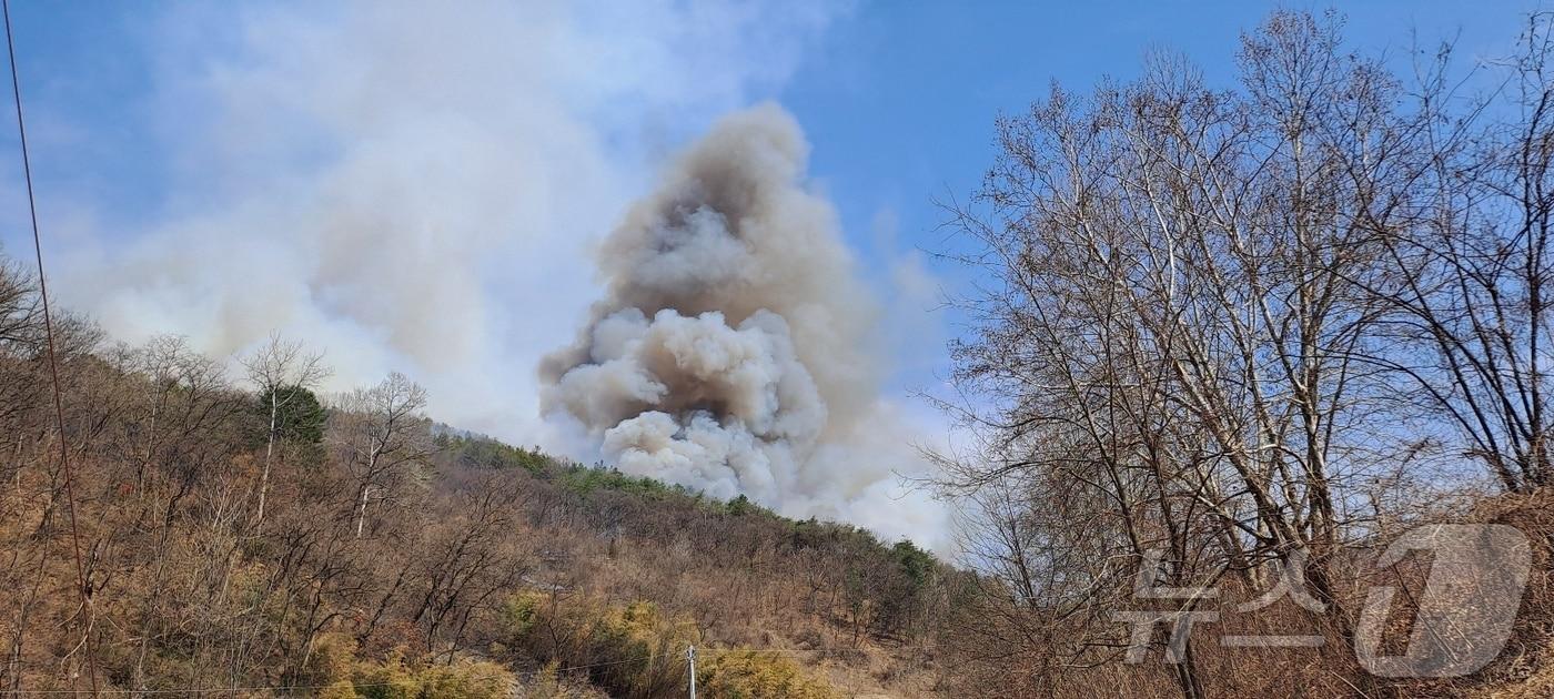  충북 옥천군에서 발생한 산불이 영동군으로 옮겨붙자, 산림 당국이 대응 2단계를 발령했다.&#40;영동군 제공. 재판매 및 DB금지&#41;/뉴스1