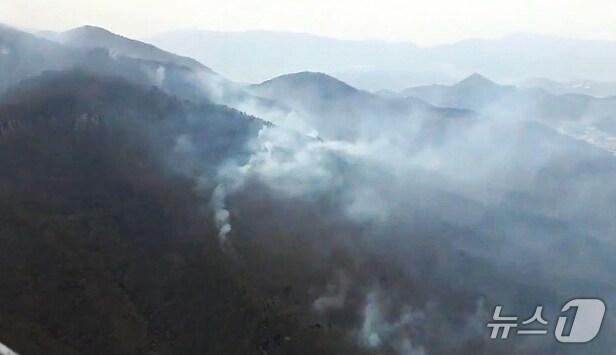 본문 이미지 - 24일 사흘째 지속되는 울산 울주 대형 산불이 봄철 강풍 등의 이유로 진화율 70% 수준을 맴돌며 진화에 난항을 겪고 있다. 이날 오전 10시 소방헬기에서 촬영한 울주 산불 모습. (울산소방본부제공. 재판매 및 DB 금지)2025.3.24/뉴스1 ⓒ News1 김지혜 기자