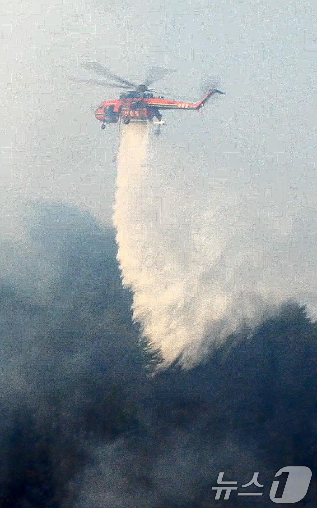 본문 이미지 - 24일 경북 의성군 산불현장에 투입된 산림청 초대형 산불진화헬기 S-64가 물폭탄을 쏟아붙고 있다. (산림청 제공, 재판매 및 DB 금지) 2025.3.24/뉴스1 ⓒ News1 최창호 기자