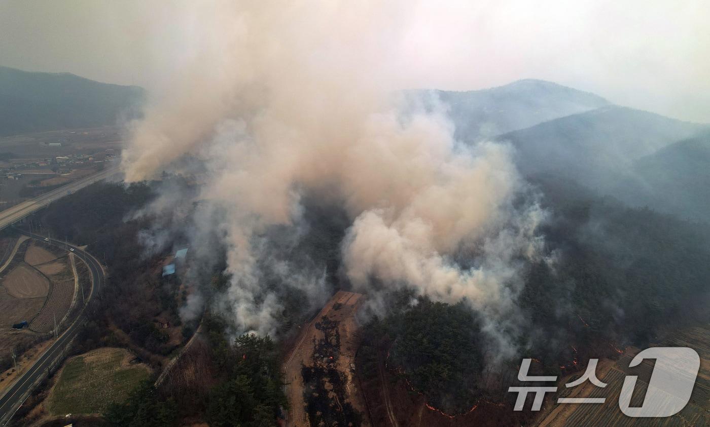본문 이미지 - 24일 오후 경북 의성군 점곡면 윤암삼거리 인근 한 야산에서 강풍을 타고 산불이 번지고 있다. 윤암삼거리는 안동시 길안면과 청송군 방면으로 갈라지는 길목이다. 2025.3.24/뉴스1 ⓒ News1 공정식 기자