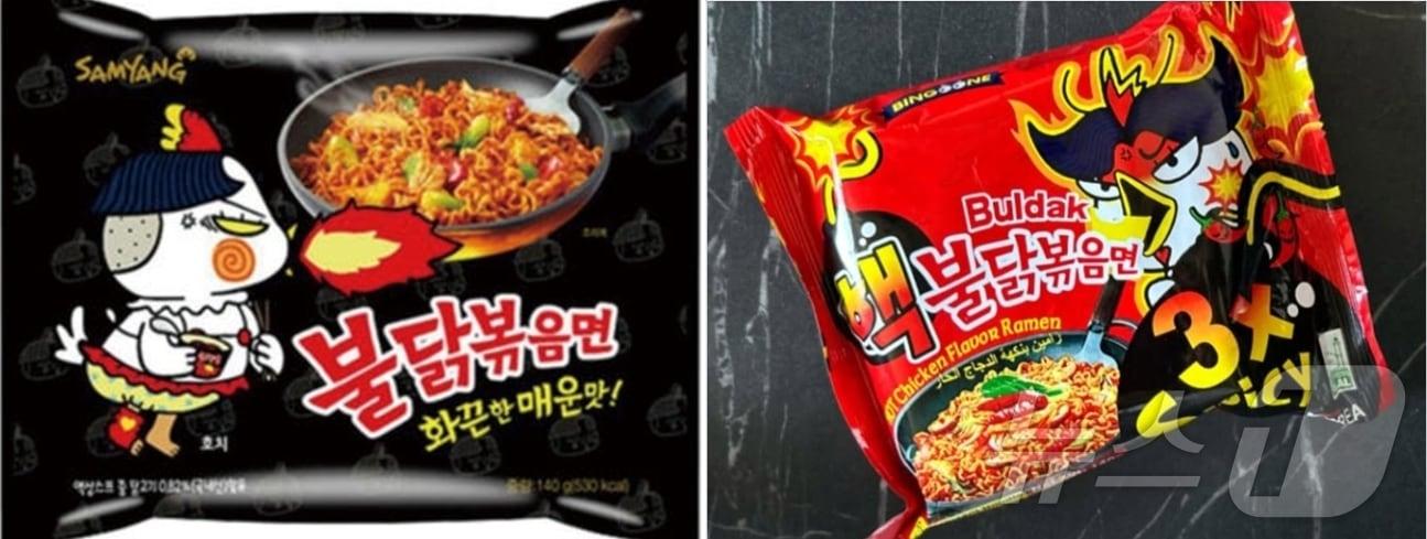 본문 이미지 - 중국 업체가 유통시키고 있는 짝퉁 불닭볶음면(오른쪽)은 진품과 구별하기 힘들 정도로 흡사하다. (SNS 갈무리) ⓒ 뉴스1  