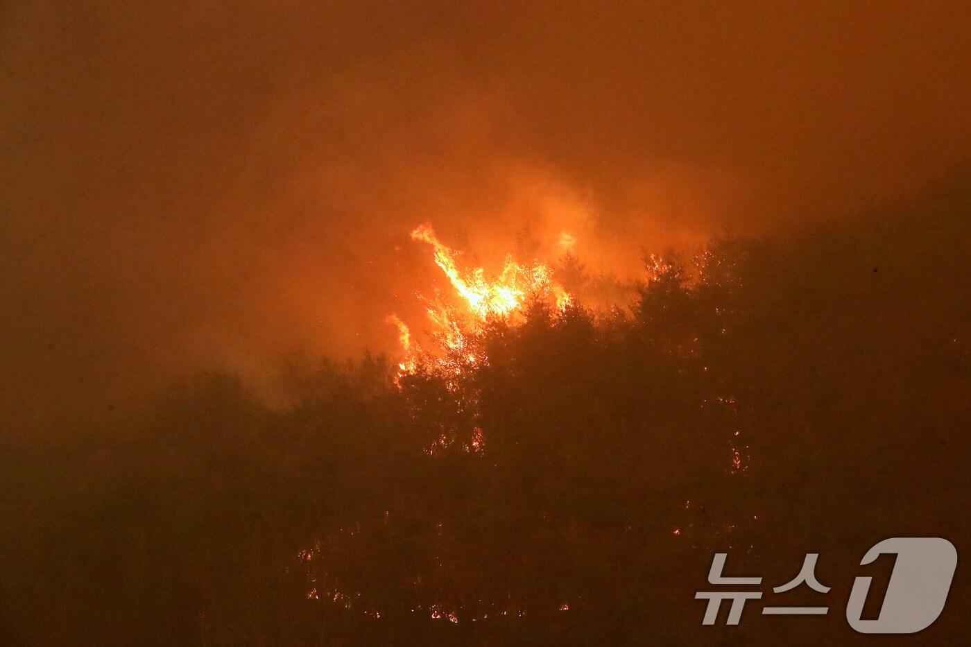 의성 산불 나흘째인 25일 오후 경북 안동시 길안면 백자리에 강풍이 불어와 주변 산이 시뻘건 화염에 휩싸여 있다. 2025.3.25/뉴스1 ⓒ News1 공정식 기자