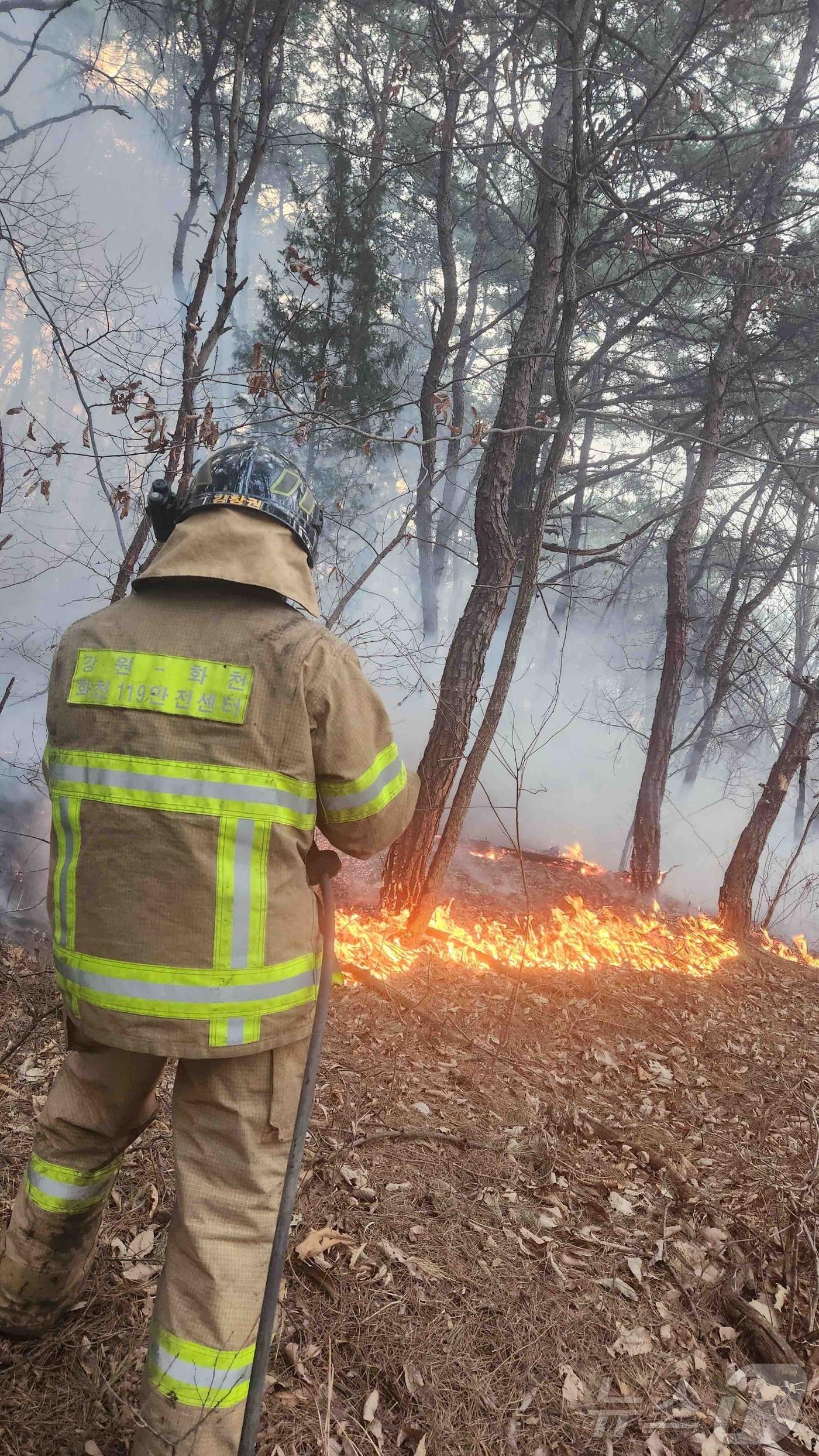 본문 이미지 -  경북 의성 산불 현장에서 불 끄는 강원도소방본부 대원.(도소방본부 제공, 재판매 및 DB금지)
