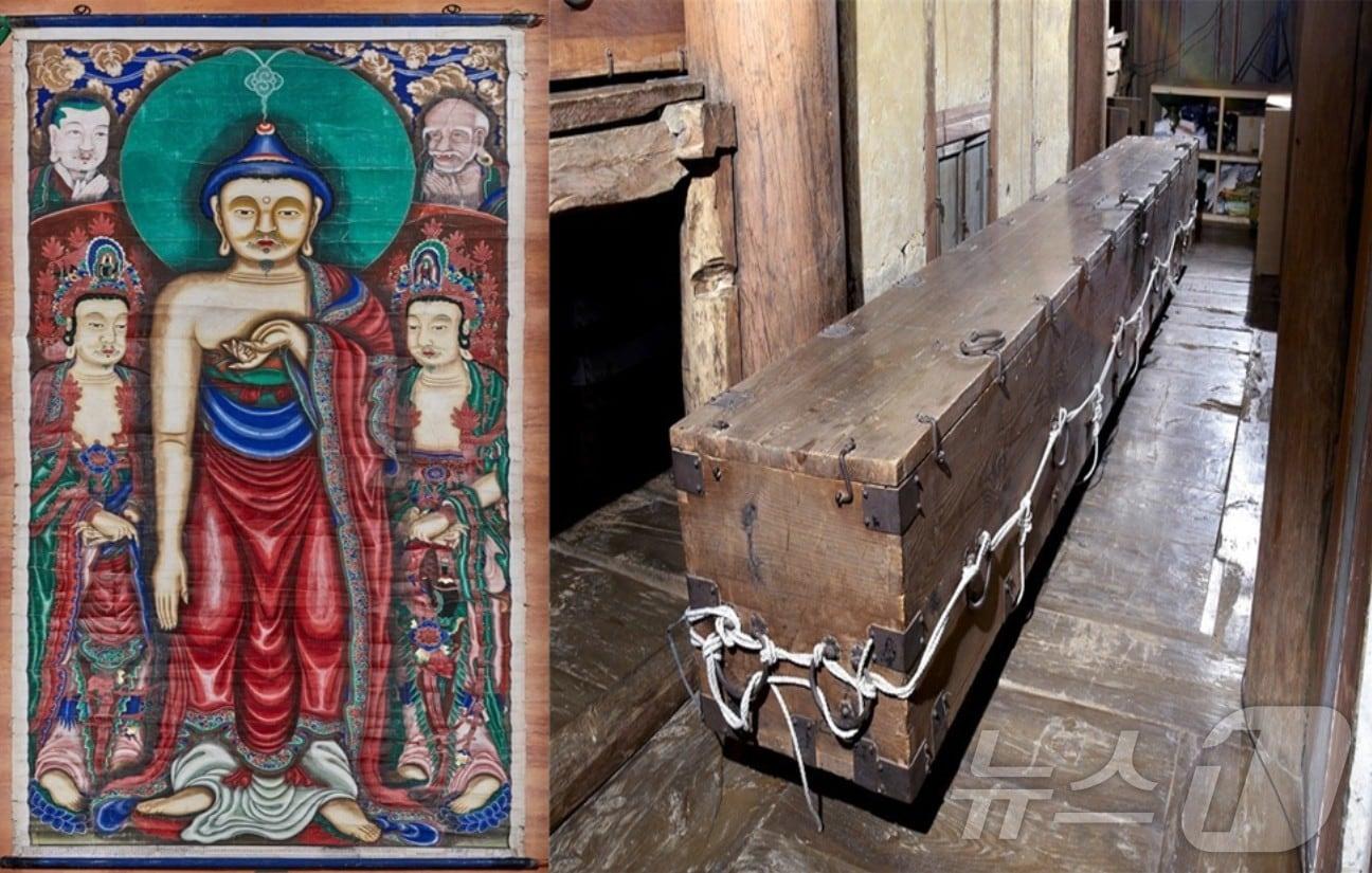 본문 이미지 - 부산 범어사 괘불도(왼쪽), 괘불함(부산시청 제공. 재판매 및 DB 금지)