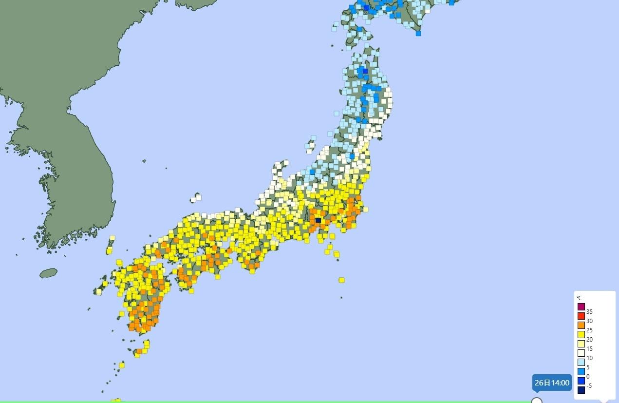 본문 이미지 - 2025년 3월 26일 오후 2시 기준 일본 전역 기온. (일본 기상청 갈무리)