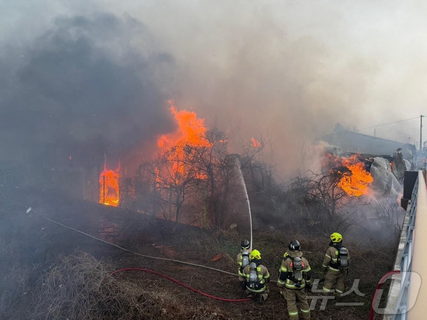 본문 이미지 - 지난 24일 오후 5시50분쯤 제주시 화북2동 감귤 선과장 창고에서 발생한 화재가 2시간20여 분만에 진압됐다.(제주도소방안전본부 제공. 재판매 및 DB 금지)
