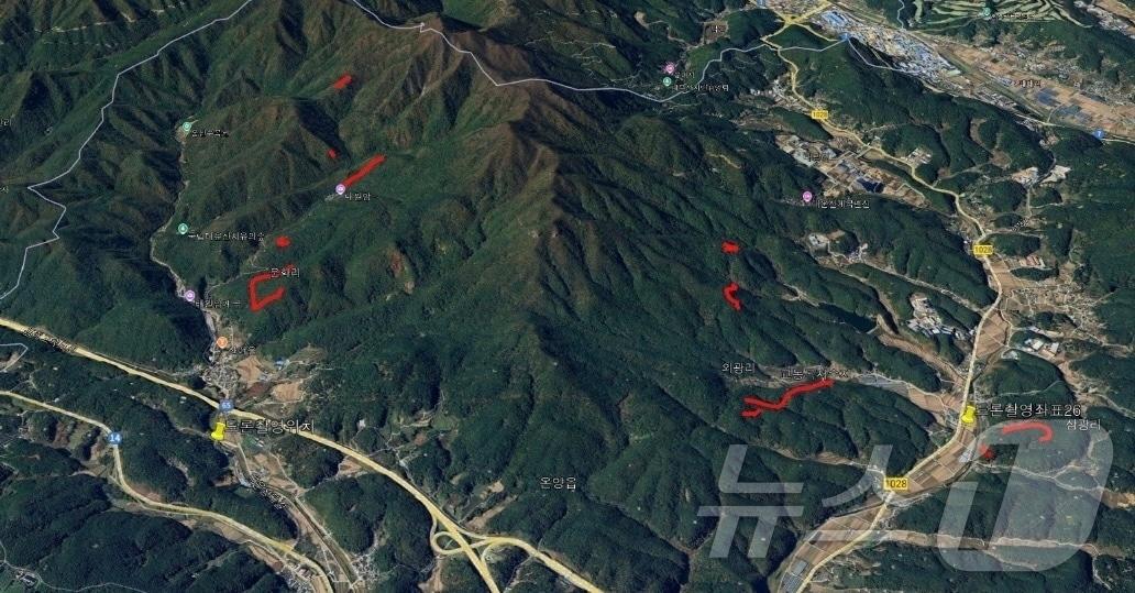 본문 이미지 - 당국이 열화상 카메라로 촬영한 결과, 27일 오전 약한 비로 울주 온양 산불이 전체적으로 약화됐다.(울산광역시제공, 재판매 및 DB금지)