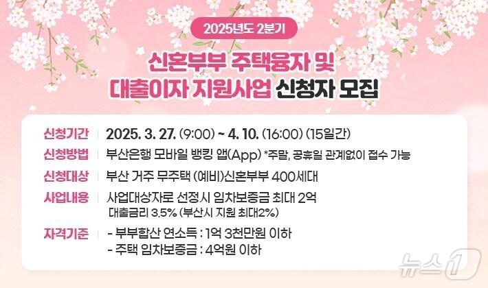 본문 이미지 - 신혼부부 주택융자 및 대출이자 지원 대상자 모집 안내문(부산시청 제공. 재판매 및 DB 금지)