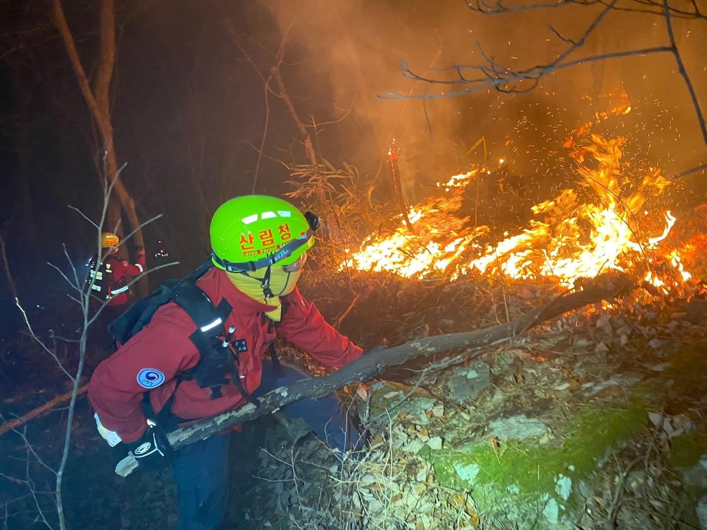 본문 이미지 - 산림청 공중진화대 및 산불재난특수진화대가 26일 밤 산청군 시천면 동당리(산불 상황도 17번 구역)에서 민가 및 지리산을 지키기 위해 사투를 벌이고 있다. (산림청 제공.재판매 및 DB금지)/뉴스1