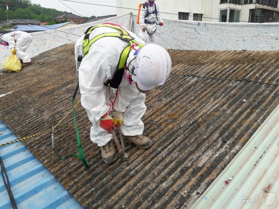 본문 이미지 - 김해시가 1급 발암물질인 석면이 함유된 슬레이트 철거를 지원한다. 사진은 슬레이트 철거 모습.(김해시 제공. 재판매 및 DB금지)
