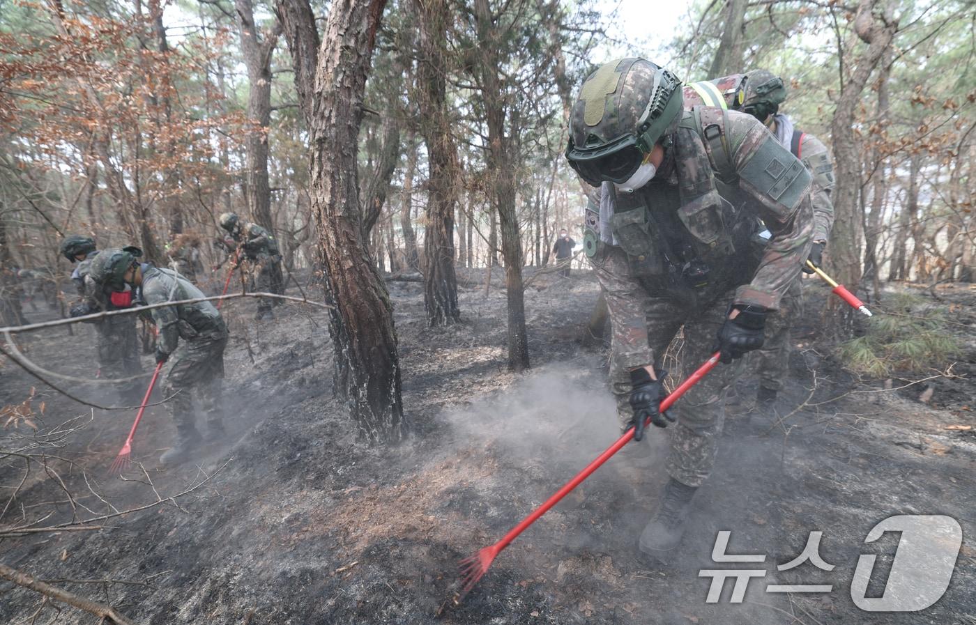 경북 의성 산불이 엿새째 이어지고 있는 27일 오전 경북 의성군 방하리 일대 야산에서 육군 제50보병사단 및 제2신속대응사단 장병들이 잔불 제거 작전을 실시하고 있다. 2025.3.27/뉴스1 ⓒ News1 김영운 기자