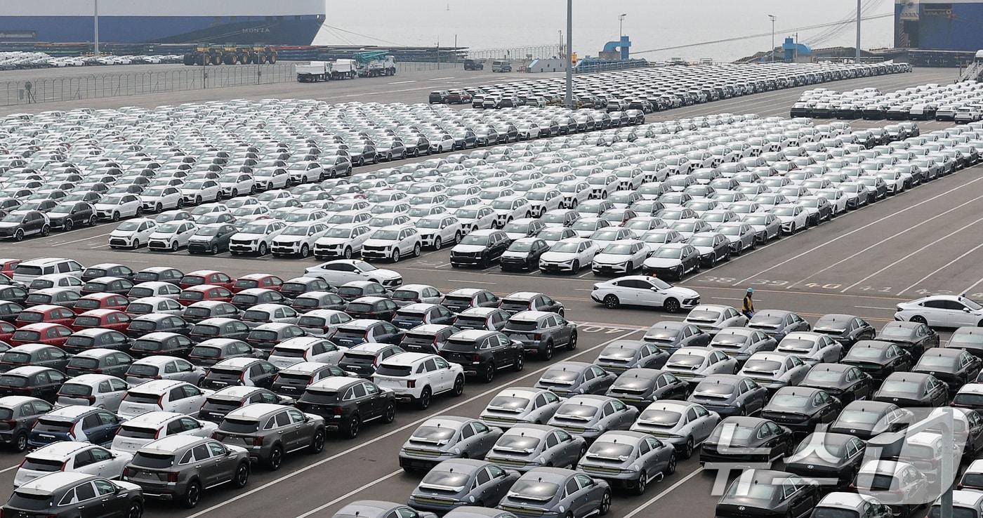 27일 경기도 평택시 포승읍 평택항 자동차전용부두에 수출용 차량들이 세워져 있다. 도널드 트럼프 미국 대통령은 26일&#40;현지시간&#41; 철강·알루미늄에 이어 미국에 수입되는 외국산 자동차에 대해 오는 4월 3일부터 25%의 관세를 부과하겠다고 공식 발표했다. 2025.3.27/뉴스1 ⓒ News1 오대일 기자