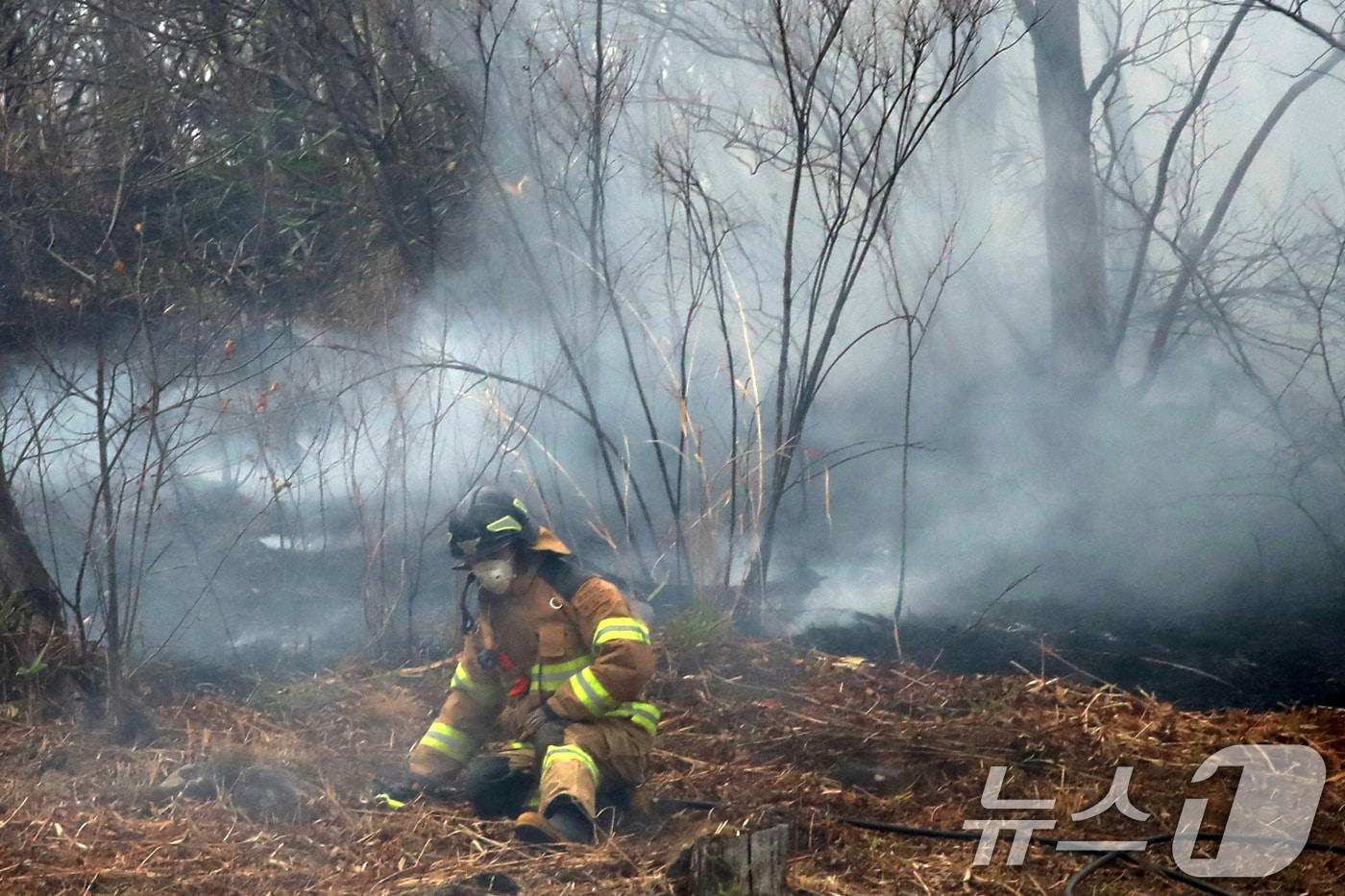 지난 3월 27일 지리산과 인접한 경남 산청군 시천면 동당마을 일대에서 소방관이 산불 진화 작업 중 잠깐 휴식하고 있다. /뉴스1 ⓒ News1 윤일지 기자