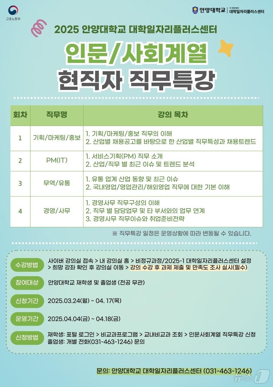 본문 이미지 - 안양대학교가 취업을 희망하는 학생들을 위해 '2025년 직무별 특강 및 실무 멘토링 프로그램'을 운영한다.(안양대 제공. 재판매 및 DB금지)/뉴스1