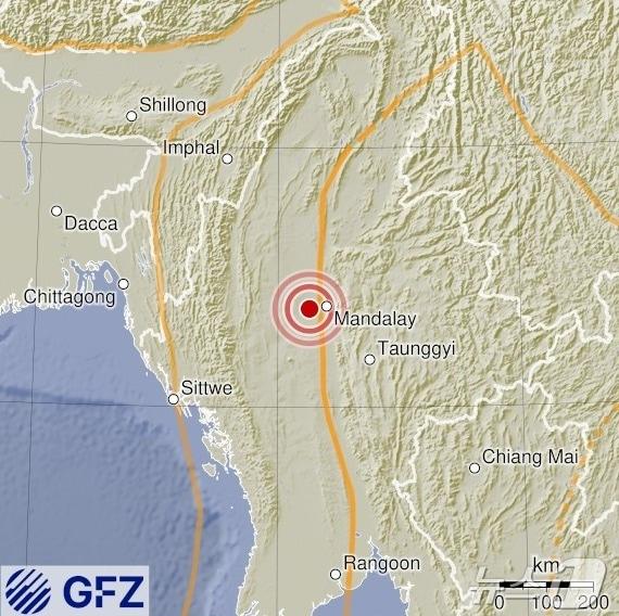 본문 이미지 - 미얀마 내륙에서 28일(현지시간) 규모 7.7의 강진이 발생했다. (출처=독일 지질과학연구센터 홈페이지) 2025.3.28./뉴스1