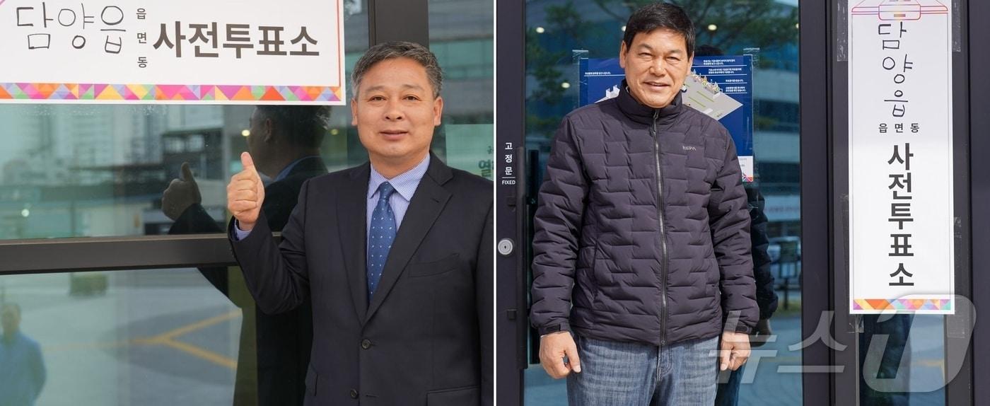4·2 담양군수 재선거에 출마한 더불어민주당 이재종 후보(왼쪽)와 조국혁신당 정철원 후보가 사전투표 첫날인 28일 투표를 하고 인증샷을 찍고 있다.(캠프 제공. 재배포 및 DB 금지)
