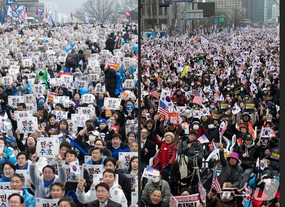 본문 이미지 - 3·1절인 1일 서울 도심 곳곳에서 윤석열 대통령 탄핵 찬반 집회가 열렸다. 사진 왼쪽은 종로구 안국동에서 열린 야5당 공동 '윤석열 파면 촉구 범국민대회'. 오른쪽은 광화문광장 일대에서 열린 '자유통일을 위한 국민대회'. 2025.3.1/뉴스1
