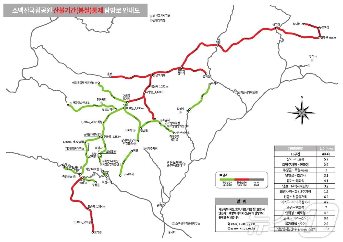  소백산 국립공원 산불기간(봄철) 통제 탐방로 안내도.(소백산국립공원 제공. 재판매 및 DB 금지)/뉴스1 