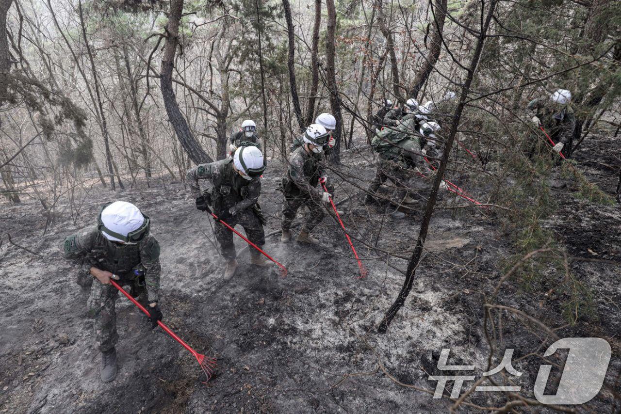 본문 이미지 - 육군 50보병사단이 경북 산불 피해지역인 의성, 안동, 영덕, 영양, 청송에 병력을 투입, 잔불진화작업을 벌였다. 육군은 진화작전에 투입된 병력에게 방진 마스크 등 안전장비를 지급하고 안전 우선의 작전을 수행했다고 밝혔다. (육군50사단 제공, 재판매 및 DB 금지) 2025.3.30/뉴스1 ⓒ News1 최창호 기자