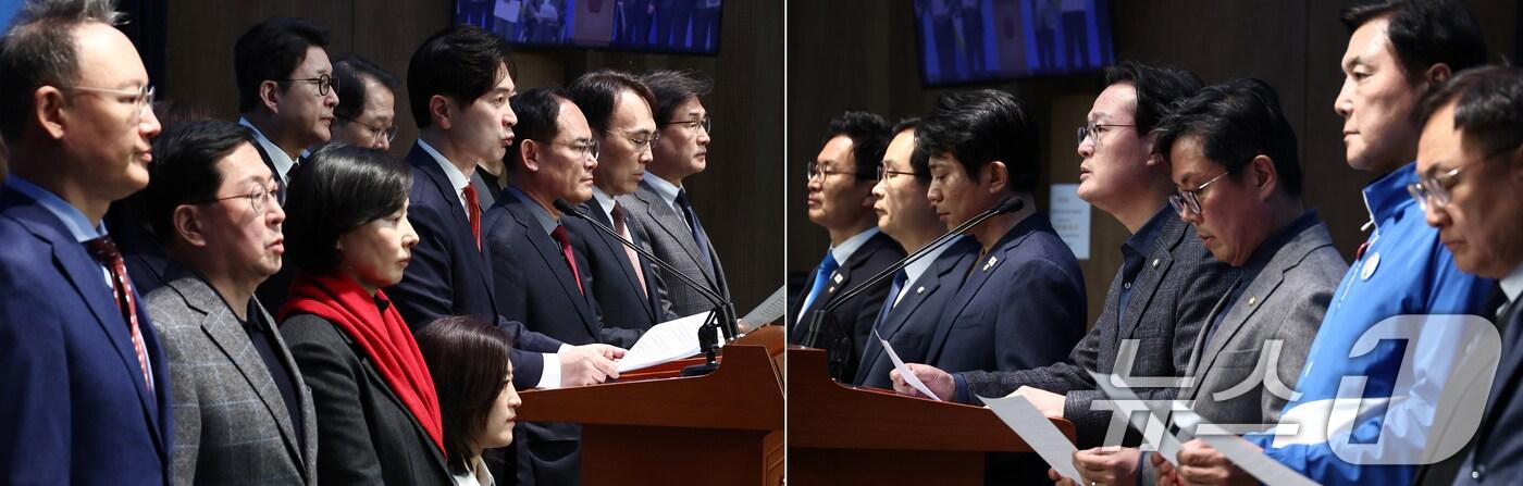 국민의힘(왼쪽)과 더불어민주당 초선의원들이 30일 오후 서울 여의도 국회 소통관에서 각각 줄탄핵 반대 성명 발표 기자회견과 권성동 원내대표의 야당 초선 내란선동죄 고발 발언을 규탄하는 기자회견을 하고 있다. 2025.3.30/뉴스1 ⓒ News1 김민지 기자