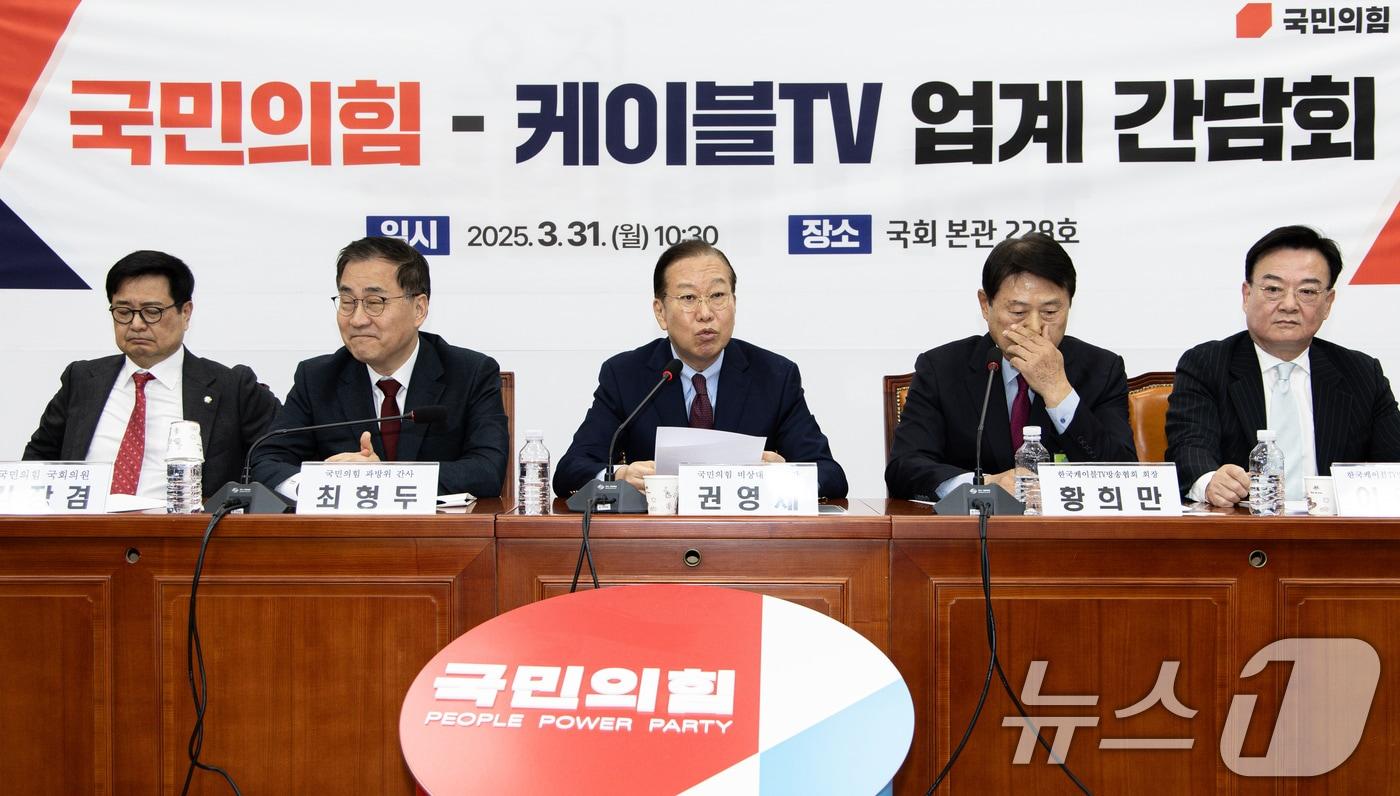 권영세 국민의힘 비상대책위원장이 31일 오전 서울 여의도 국회에서 열린 국민의힘·케이블TV 업계 간담회에서 발언을 하고 있다. 2025.3.31/뉴스1 ⓒ News1 이재명 기자