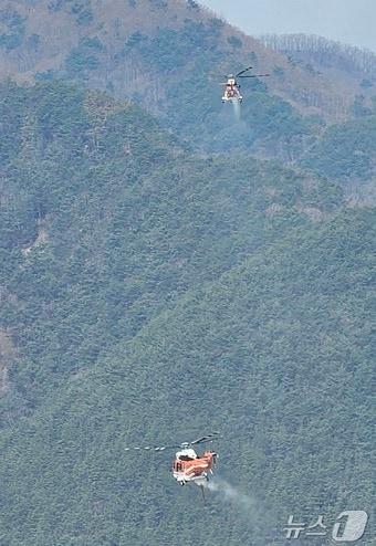 본문 이미지 - 산림청 헬기들이 31일 산청 산불 현장의 잔불 정리 작업을 하고 있다. 2025.3.31/뉴스1 한송학기지