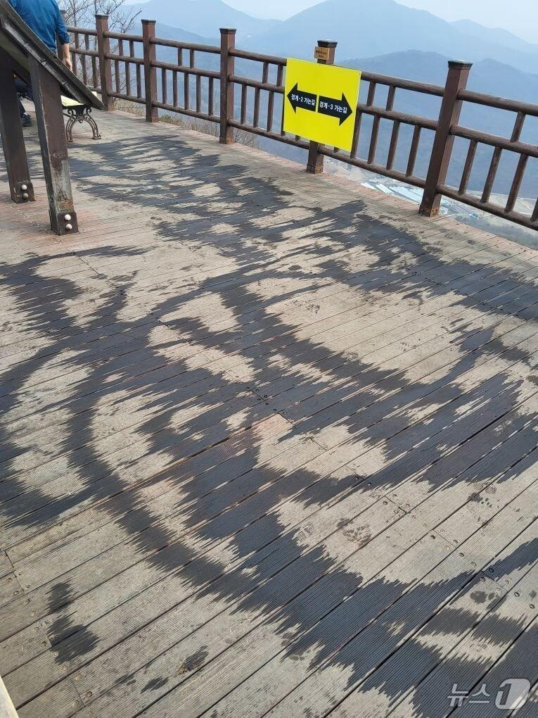 본문 이미지 -  경기 화성시 태행산 정상 데크에 인화물질이 뿌려져 있는 모습. (경기도소방재난본부 제공, 재판매 및 DB 금지) 2025.3.31/뉴스1